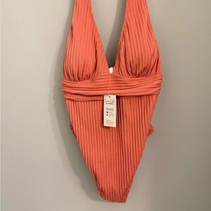 Cupshe Ribbed One-Piece Swimsuit in Coral Pink